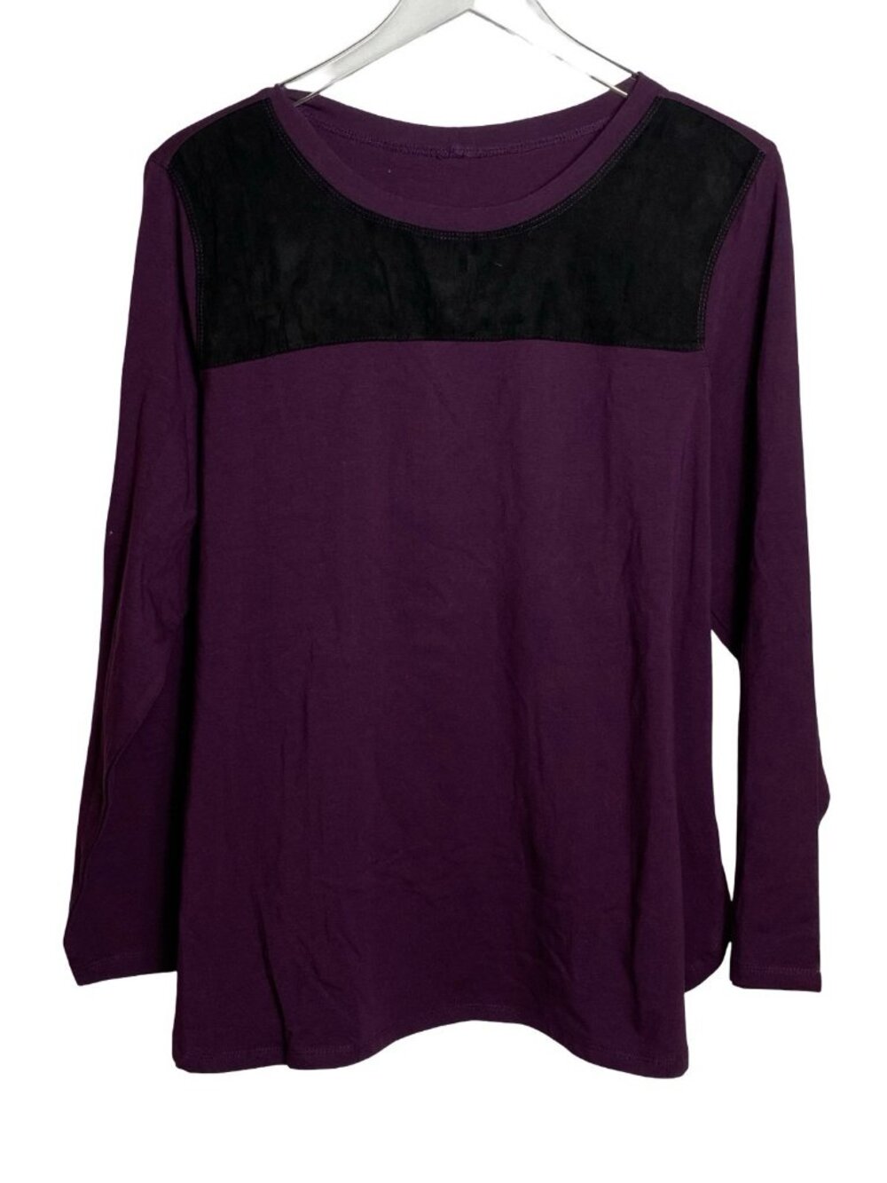 Denim & Co Active Size 1X Purple Long Sleeve Stretch Top Black Trim NEW